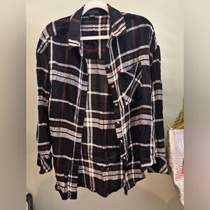 Sanctuary Long Sleeve Button Down Brown/White/Brown Flannel Size Small